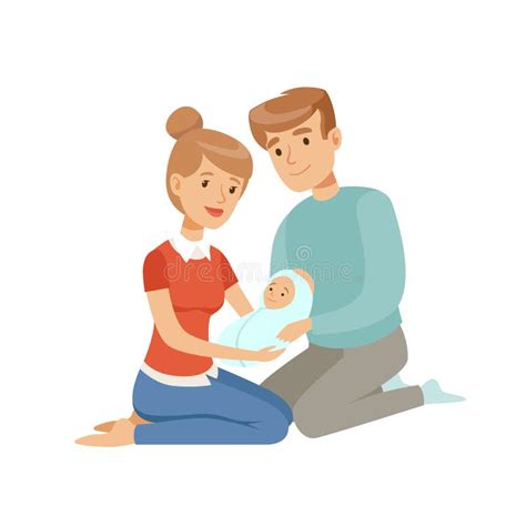 Illustratie van een gezin die hun pasgeboren baby vasthoudt