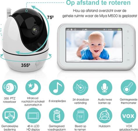 Illustratie van de verschillende functies van een babyfoon (tweeweg-audio, nachtzicht, temperatuursensor)