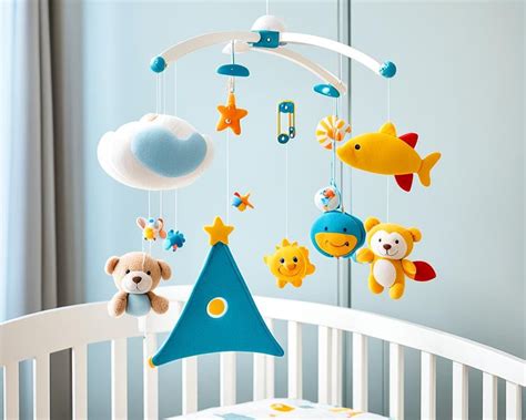 Illustratie van een baby die naar een draaiende muziekmobiel kijkt