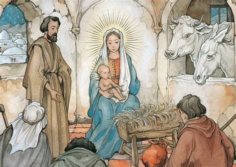 Illustratie van de Voorstelling van Jezus in de tempel, met Jozef en Maria die offers brengen.