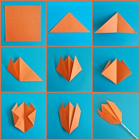 stap-voor-stap illustratie van het vouwen van een origami tulp