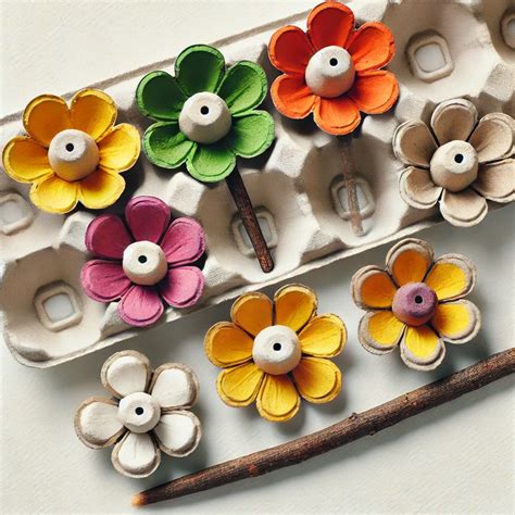 een boeket bloemen gemaakt van onderdelen van een eierdoos