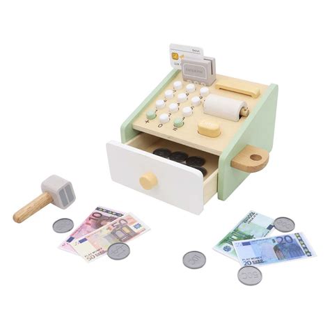 Houten speelgoedkassa met een werkende calculator, scanner en kassalade, inclusief speelgeld.