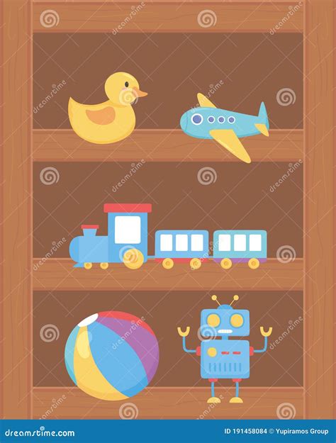 Illustratie van diverse antieke houten speelgoedobjecten, zoals poppen en treinen.