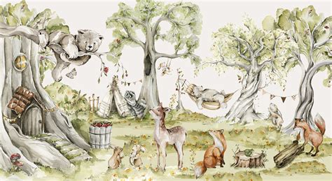 Voorbeeld van muurdecoratie met vrolijke, kinderlijke thema's zoals een bos met dieren.