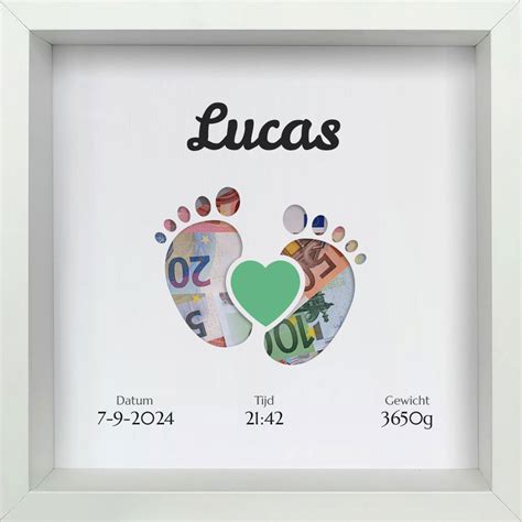 Illustratie van een babyvoetje met geld erachter geplakt, met de naam en geboortegegevens van de baby.