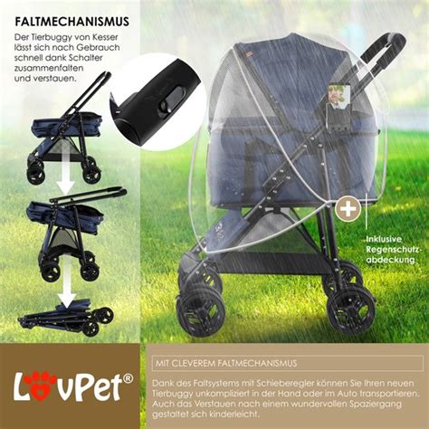 Collage van verschillende accessoires voor kattenbuggy's zoals een regenhoes en reistas