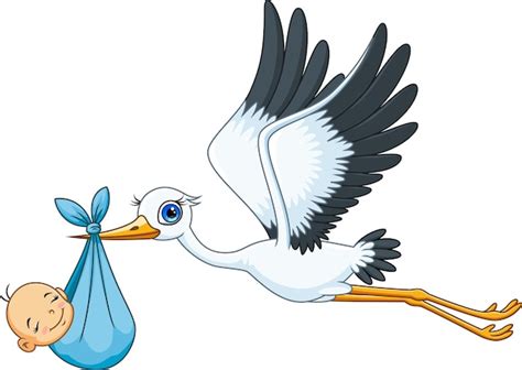 Illustratie van een ooievaar die een baby vasthoudt, klaar om aan een raam te worden bevestigd