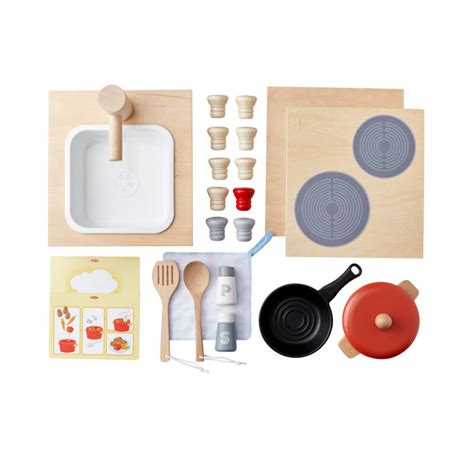 Gedetailleerde foto van de Creative Play 3-in-1 Keuken Winkel & Werkplaats set, met de verschillende configuraties.