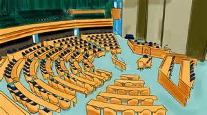 Illustratie van een debat in de Tweede Kamer, met focus op politieke vertegenwoordigers die standpunten innemen over abortusrechten.