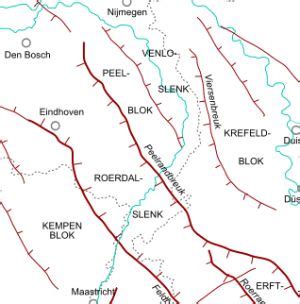 Informatieve kaart met geologische breuklijnen in de regio Brunssum