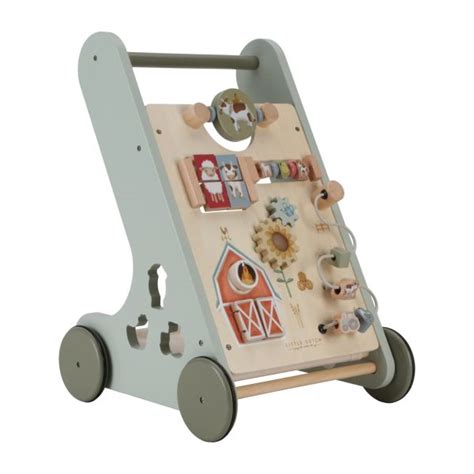 Voorbeelden van Little Dutch speelgoed, zoals een babywalker en treinset