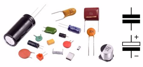 Voorbeelden van verschillende soorten condensatoren: elektrolytische condensator, keramische condensator en filmcondensator.