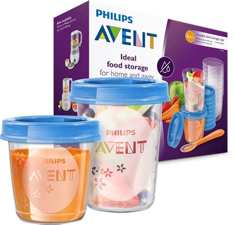 Illustratie van de Philips Avent bewaarbekers, met nadruk op het stapelbare ontwerp en de markeringen voor datum en inhoud.
