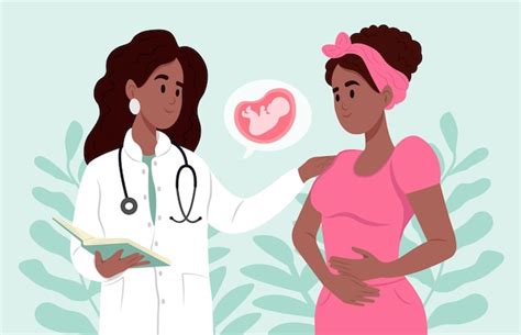 Illustratie van een verloskundige die een zwangere vrouw onderzoekt