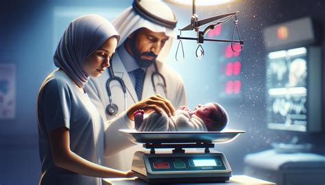 Illustratie van een consultatiebureau-assistent die een baby weegt en meet