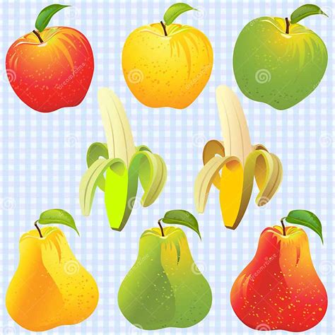 Illustratie van fruitsoorten geschikt voor baby's, zoals banaan, peer, appel en mango.