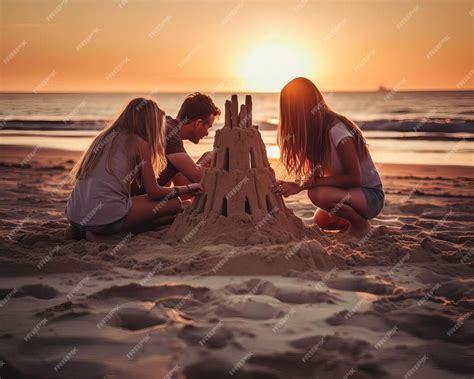 Gezin met jonge kinderen die zandkastelen bouwen op het strand van Egmond aan Zee.