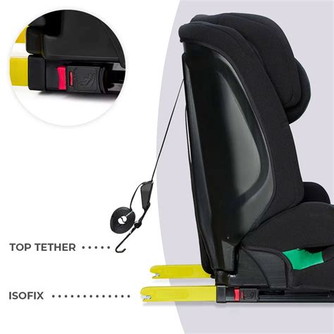 Illustratie van de correcte installatie van een ISOFIX-autostoeltje met afsteunpoot en/of top tether, inclusief kleurindicatoren.