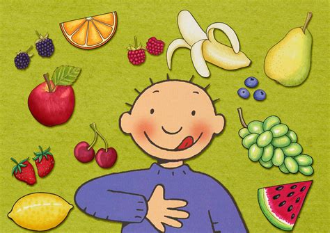 illustratie van een kind dat gezond eet met veel groenten en fruit