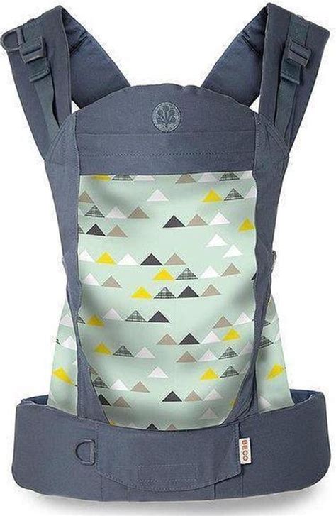 Collage van verschillende Beco draagzak modellen (Soleil, Butterfly, Gemini, Toddler).