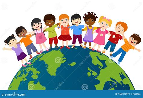 Illustratie van lachende kinderen van diverse achtergronden die samen spelen in een kleurrijke omgeving
