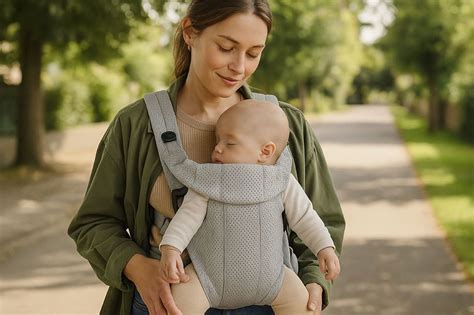 Vrouw met baby in een stijlvolle draagzak