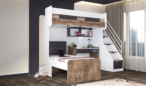 Overzichtsfoto van een complete Cabino kinderkamer met bed, nachtkastje en bureau.