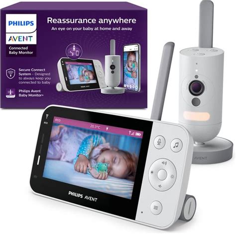 Schematische weergave van de babyunit en ouderunit van de Philips Avent Connected SCD923 met aanduiding van de verschillende componenten zoals camera, microfoon, luidspreker, sensoren en knoppen.