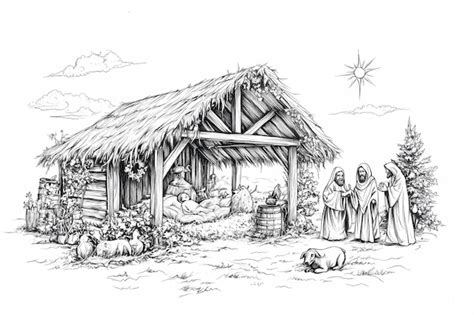 Illustratie van de geboorte van Jezus in de stal van Bethlehem met Maria, Jozef en herders.