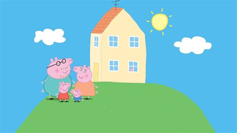 Vrolijke afbeelding van Peppa Pig en haar familie.