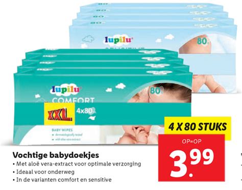 Vergelijking van de drie soorten Lupilu babydoekjes: Comfort, Sensitive en New Born, met hun verpakkingen.