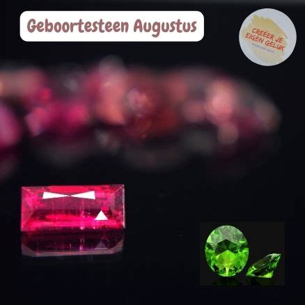 Een collage van de augustus geboortestenen: Spinel in diverse kleuren, Sardonyx met zijn kenmerkende banden, en de levendige groene Peridoot.
