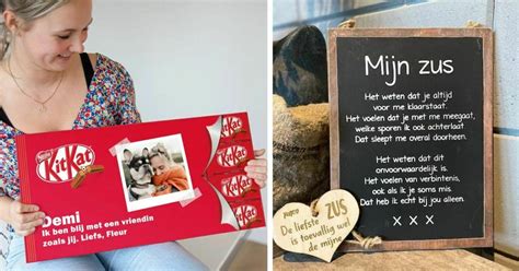 Collage van diverse items die in een grote zus box kunnen zitten: knuffel met naam, memorybox, speenkoord, tekenbox.