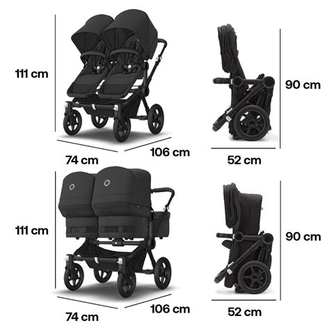 Infographic met de verschillende configuratiemogelijkheden van de Bugaboo Donkey 5 (enkel, dubbel, met extra bagage)