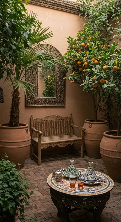Een sfeervolle binnenplaats van een riad in Marrakesh met planten en zitjes