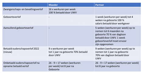 Schema dat de verschillende soorten geboorteverlof en hun duur weergeeft.