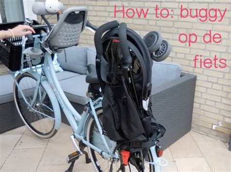 Illustratie die verschillende methoden toont om een buggy op een fiets te vervoeren (buggydrager, fietskar, binders).