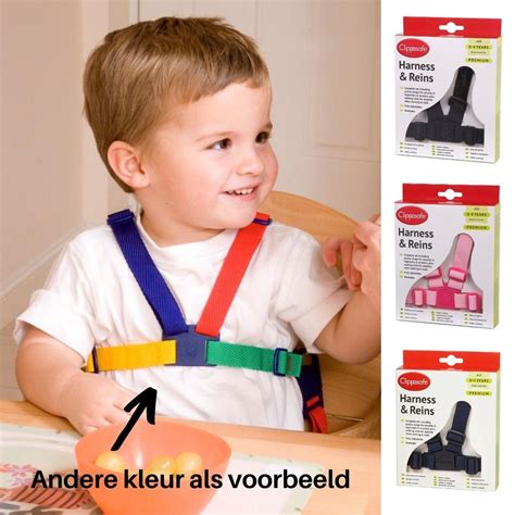 Illustratie van een kind dat veilig in een kinderstoel zit met een tuigje.