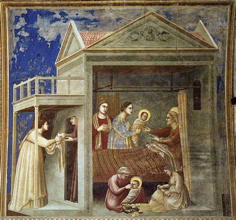 Giotto's fresco 'Geboorte van Jezus' in de Scrovegni-kapel, met focus op menselijkheid en vernieuwende compositie