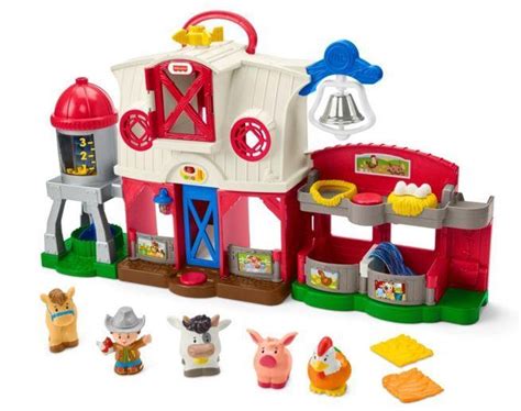 Illustratie van een Fisher-Price boerderij speelgoedset met diverse dieren en een tractor.