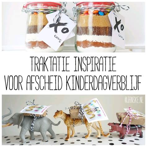 Verschillende soorten kindertraktaties voor het afscheid van het kinderdagverblijf, waaronder kleurpakketjes, dino's, paraplu's en vliegtuigjes.