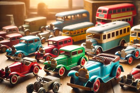 Illustratie van diverse historische blikken speelgoedjes, zoals auto's, treinen en dieren.