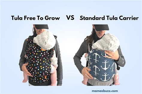 Visuele vergelijking van de Tula Standard (links, met insert) en de Tula Free to Grow (rechts, op de kleinste stand).