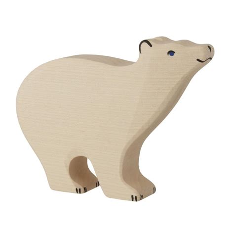 Een gedetailleerde foto van de houten ijsbeer van Holztiger, waarop de handbeschildering en de houtstructuur goed zichtbaar zijn.
