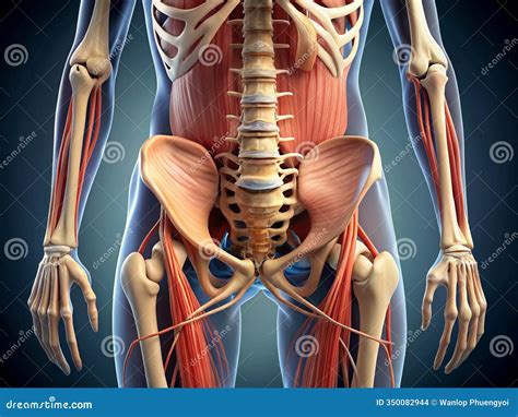 Illustratie van de anatomie van de wervelkolom en het bekken, met nadruk op de lumbale regio en het bekkengebied.