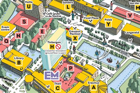 Plattegrond van de campus van de Erasmus Universiteit met aanduiding van het kinderdagverblijf onder de aula.