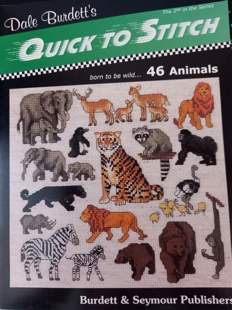 Collage van diverse borduurpatronen met wilde dieren, waaronder een panda.