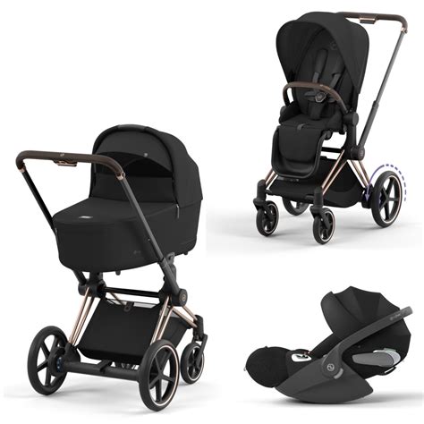 Gedetailleerde foto van de Cybex Priam kinderwagen met roségouden frame en Sepia Black bekleding.