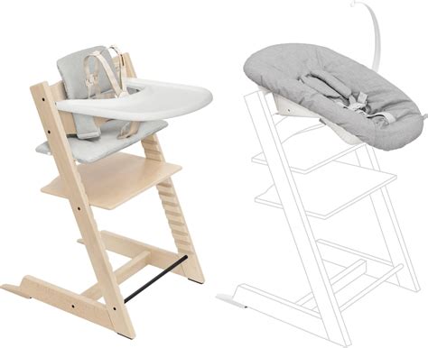 Collage van verschillende Stokke Tripp Trapp accessoires: newborn set, babyset, stoelverkleiner, wielen